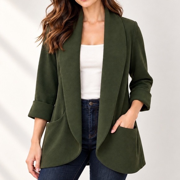 French Mauve Jackets & Blazers - Olive Green Draped Blazer Cardigan M French Mauve Quiet Luxury Office Siren
